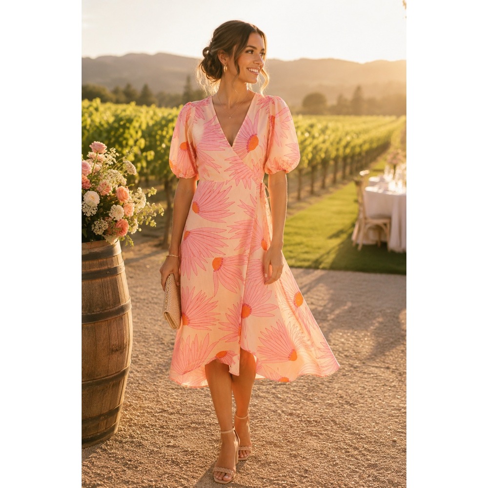 Kate Spade Floral Sunburst Puff Sleeve Cotton Wrap Midi Dress Size 0